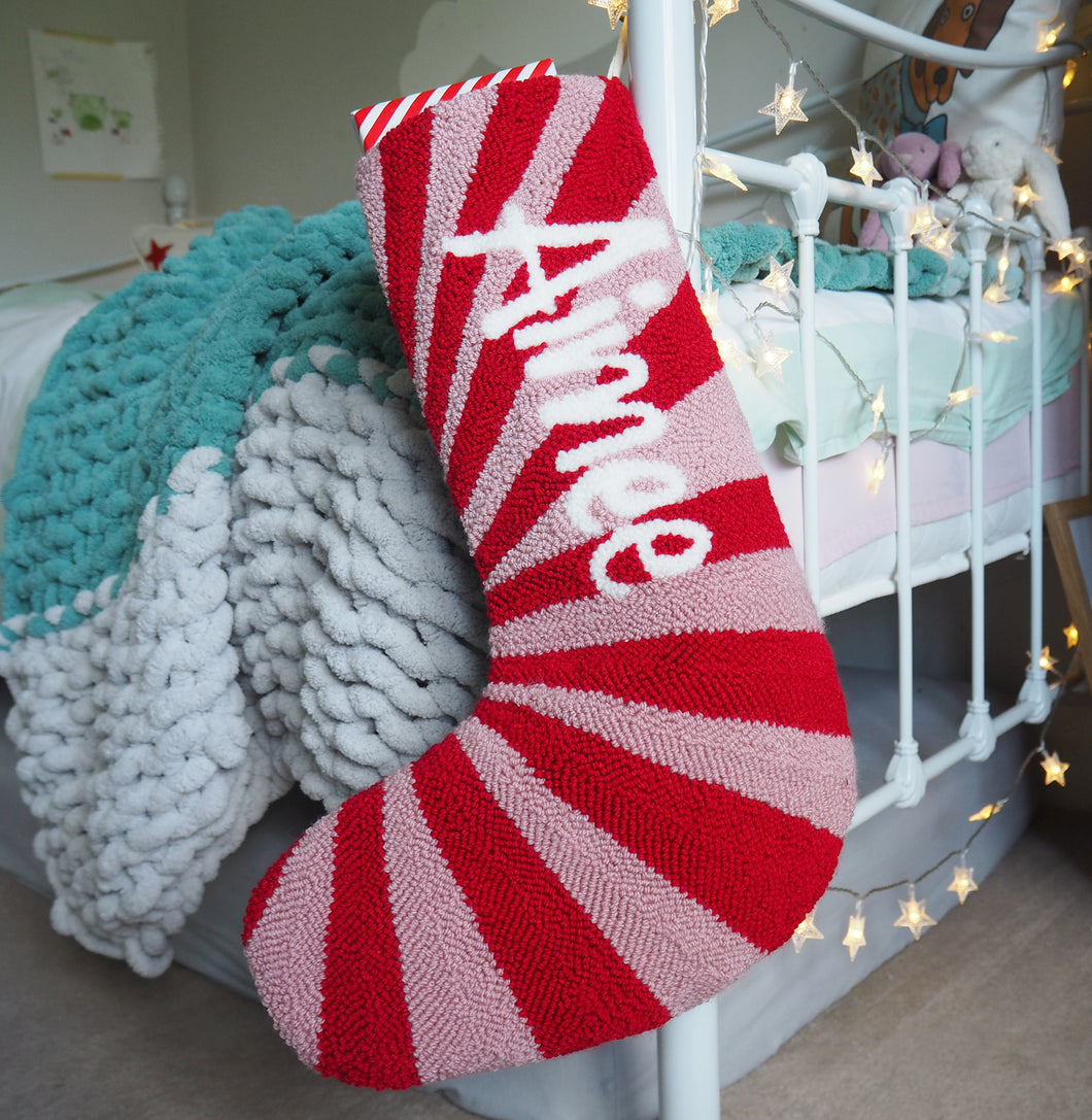 Custom Red and Pink Stripe Christmas Stocking